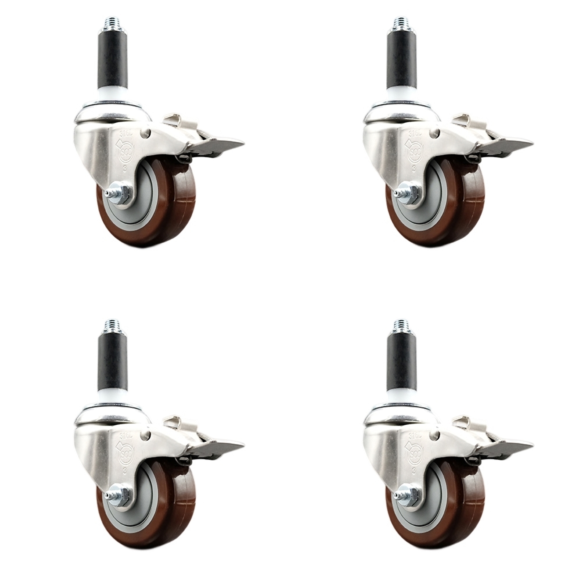 Service Caster, 3 1/2in. x 1 1/4in. Stem Casters, Wheel Diameter 3.5 in, Caster Type Swivel, Package (qty.) 4, Model# SCC-SS316TTLEX20S3514-PPUB-MRN-1-4